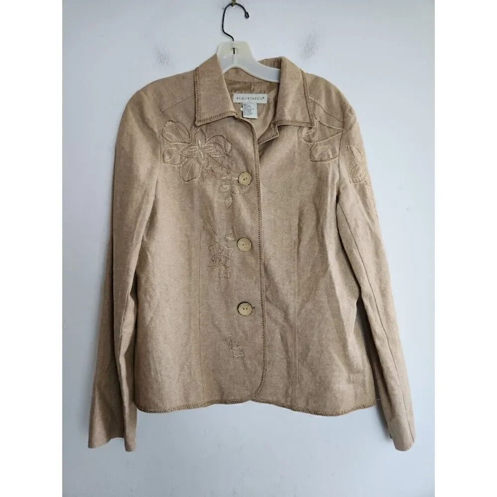 Requirements Women Tan Brown w/Floral Embroidery  Linen Jacket size Medium